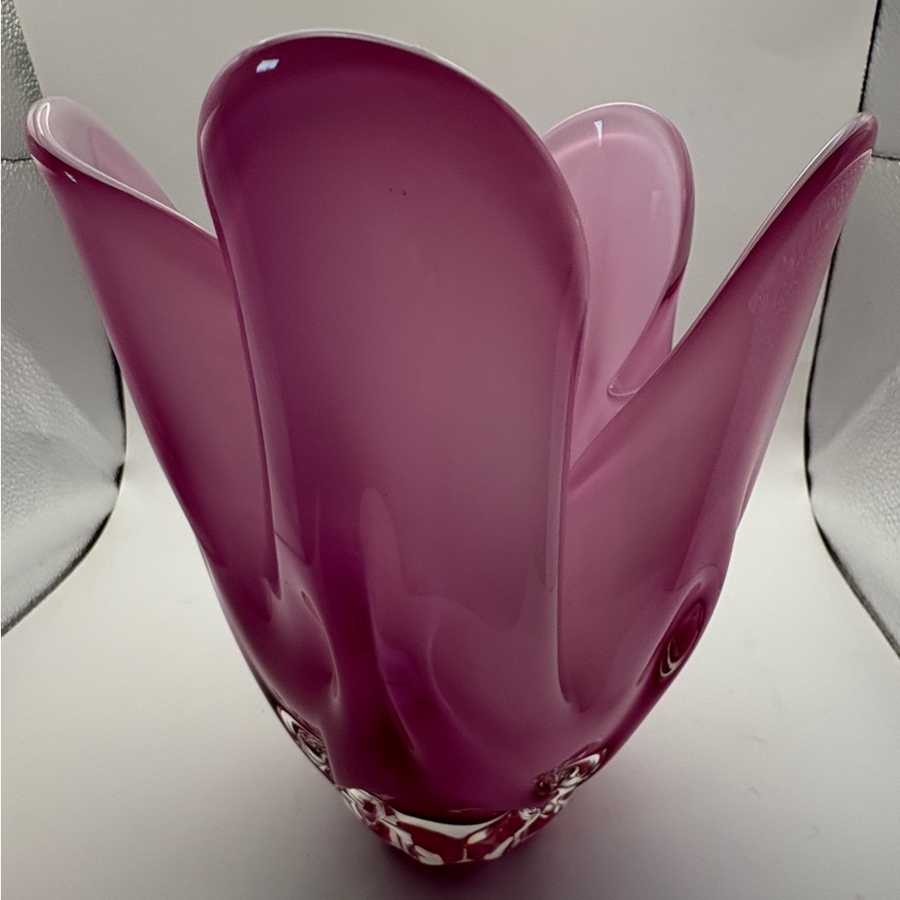 Vintage Pink Lobed Mid-Century, Art Glass Iwatsu Hineri Pink/White Vase 9 “